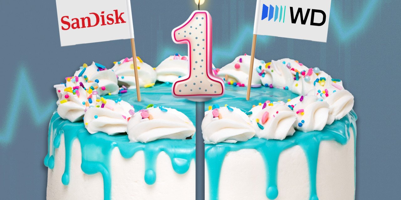 Two glowing computer memory chips representing Western Digital and Sandisk separated on a dark server background